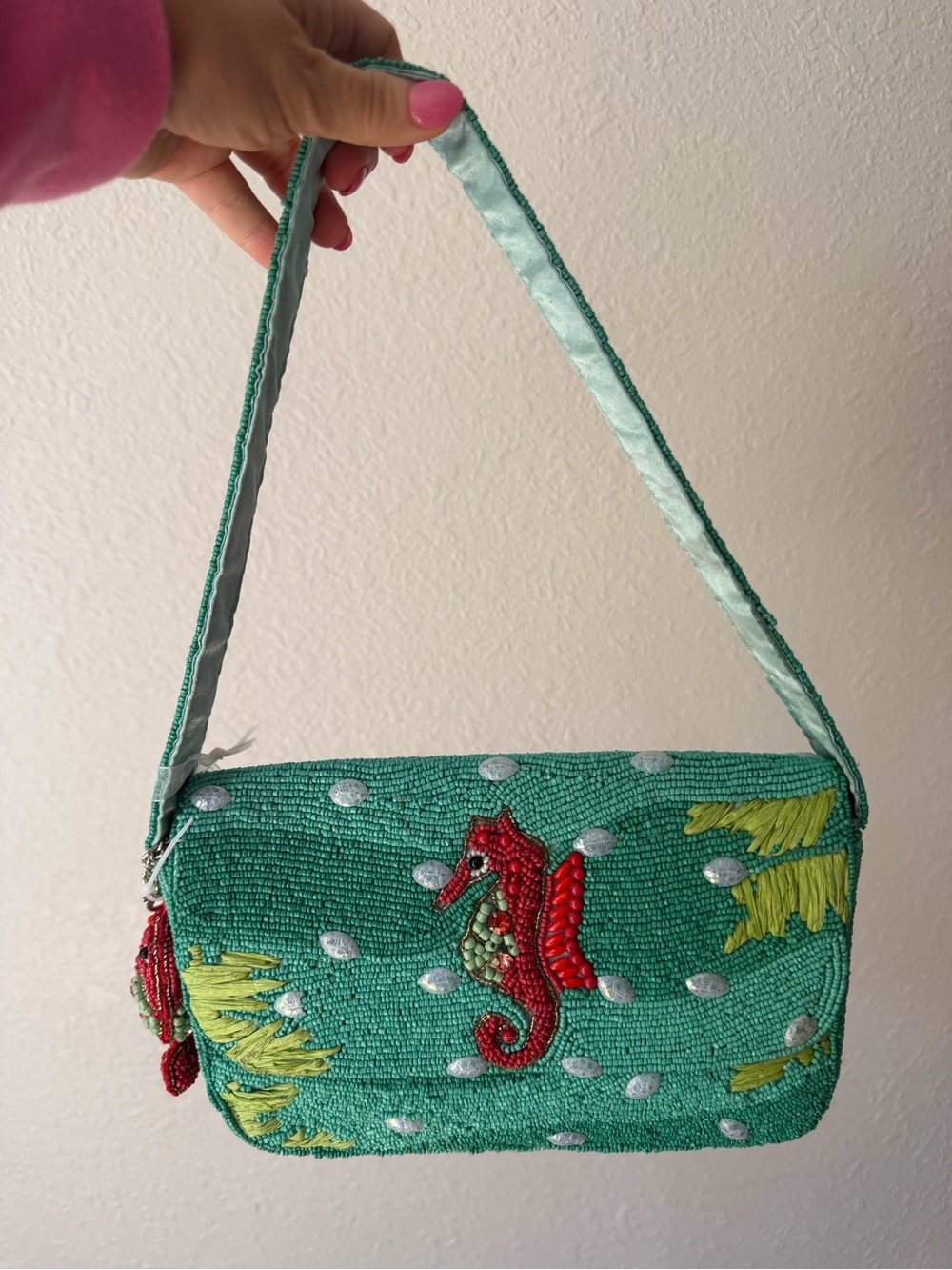 Embellished Beaded Seahorse Shoulder Bag - Teal